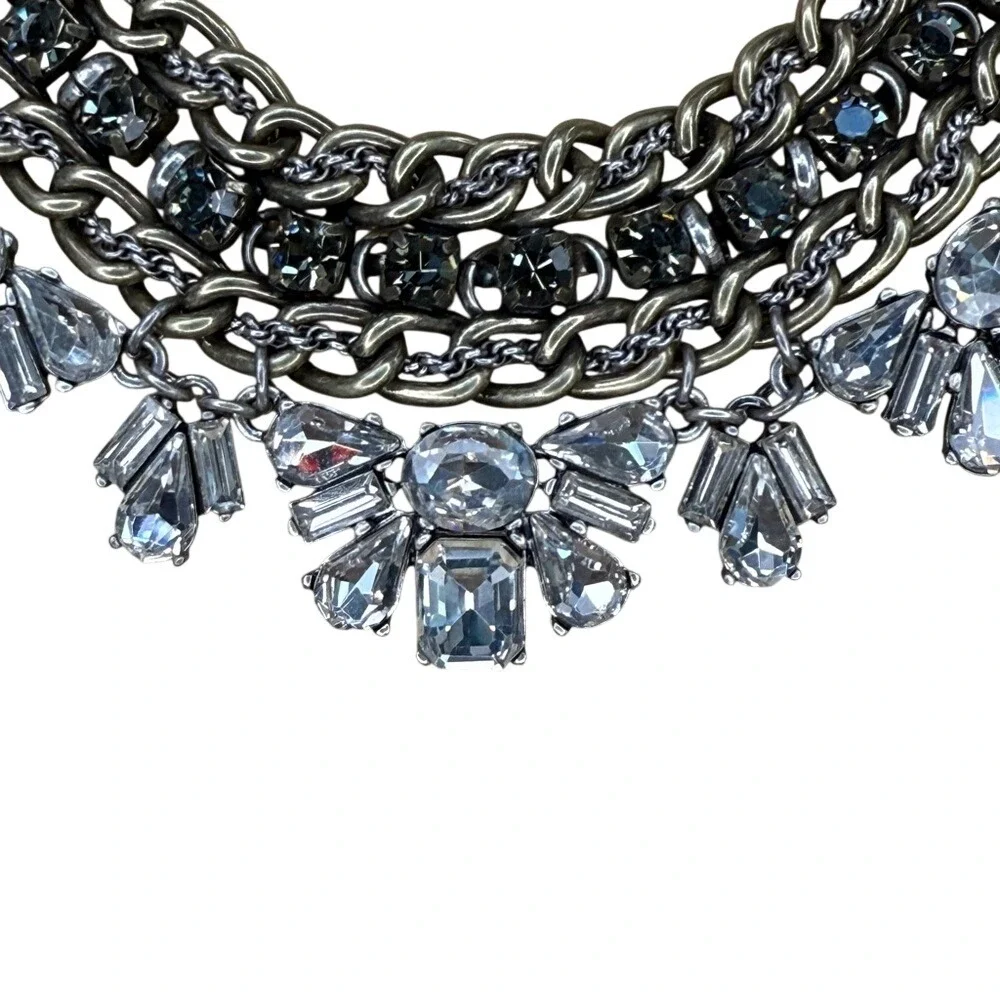 LOFT‎ Statement Necklace Black Silver Multi Strand Rhinestone Crystal Bib